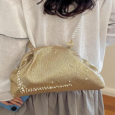 Bolso de Noche Plisado Nube para Mujer Con Correa de Cadena de Perlas Artificiales Bolso de Mano de Tela Bandolera para Banquete