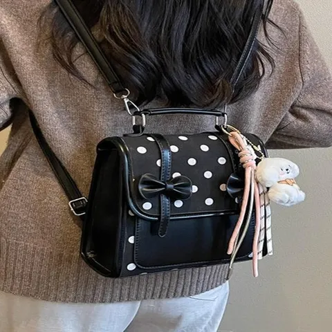 Sweet PU Polka Dot Bow Backpack For Women Multifunctional Fashion School Backpack Crossbody Handbag With Teddy Bear Pendant