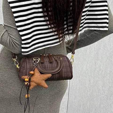 Sophisticated Plaid Women Handbag Trendy PU Leather Pillow Bag Small Crossbody Shoulder Bag With Star Charm For Daily Use