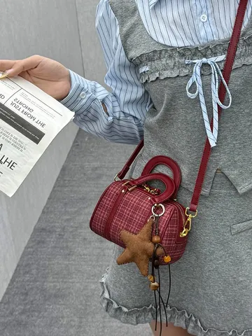 Sophisticated Plaid Women Handbag Trendy PU Leather Pillow Bag Small Crossbody Shoulder Bag With Star Charm For Daily Use