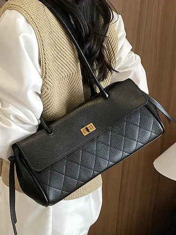 Women Retro Quilted Baguette Bag PU Leather Underarm Shoulder Bag With Metal Twist Lock Diamond Pattern Tote Bag Daily Wear