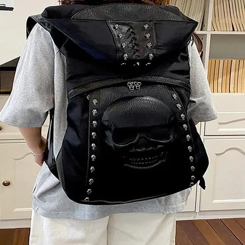 Punk Schedel Klinknagel Rugzak met Capuchon voor Mannen Vrouwen Gothic Streetwear PU Leer Patchwork Halloween Feest Casual Reistas