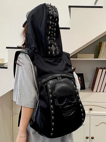 Punk Schedel Klinknagel Rugzak met Capuchon voor Mannen Vrouwen Gothic Streetwear PU Leer Patchwork Halloween Feest Casual Reistas