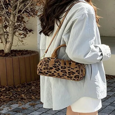 Fashion Women Leopard Polka Dot Print Boston Bag PU Leather Top Handle Handbag Retro Pillow Shape Crossbody Shoulder Bag For Daily Office