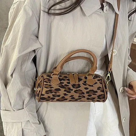Fashion Women Leopard Polka Dot Print Boston Bag PU Leather Top Handle Handbag Retro Pillow Shape Crossbody Shoulder Bag For Daily Office