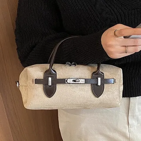 Retro Women Patchwork Denim Suede PU Leather Boston Bag Contrast Color Shoulder Crossbody Small Square Handbag With Lock Zipper