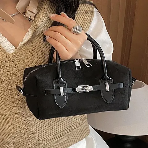 Retro Women Patchwork Denim Suede PU Leather Boston Bag Contrast Color Shoulder Crossbody Small Square Handbag With Lock Zipper