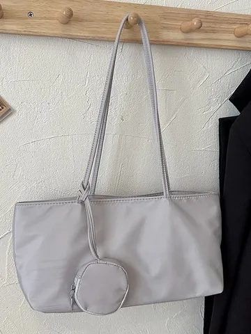 Vintage Nylon Tote Bag For Women Casual Solid Color Underarm Shoulder Bag With Mini Pouch Pendant Fashion Commuter Handbag