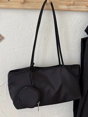 Vintage Nylon Tote Bag For Women Casual Solid Color Underarm Shoulder Bag With Mini Pouch Pendant Fashion Commuter Handbag