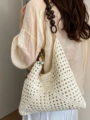 Sac à Épaule Tissé pour Femmes Sac Cabas au Crochet Bohème Poignée en Perles de Bois Sac de Plage Évidé Sac à Main Vacances Mode