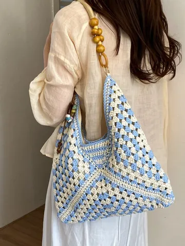 Sac à Épaule Tissé pour Femmes Sac Cabas au Crochet Bohème Poignée en Perles de Bois Sac de Plage Évidé Sac à Main Vacances Mode