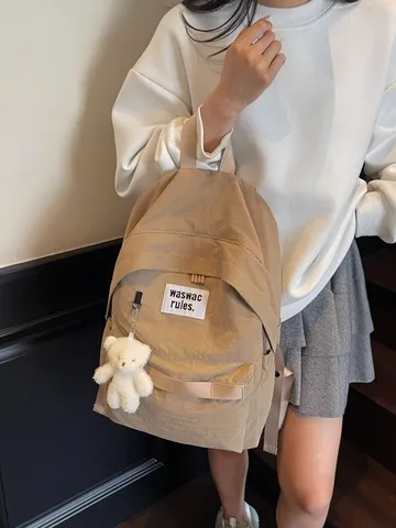 Large Capacity Nylon Backpack Solid Color Casual School Bag With Cute Bear Pendant For Teenager Girls Women Daily Commute Waterproof Rucksack