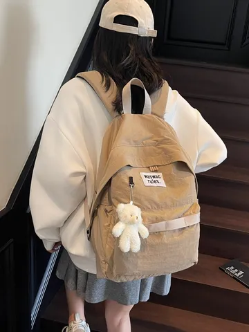 Large Capacity Nylon Backpack Solid Color Casual School Bag With Cute Bear Pendant For Teenager Girls Women Daily Commute Waterproof Rucksack