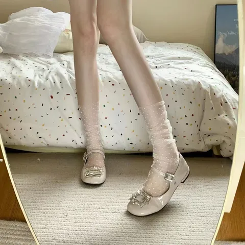 Women Polka Dot Mesh Slouch Socks Transparent Thin Fairy Tulle Socks Lace Mesh Hosiery For Spring Summer Girls Daily Dating Dress Socks