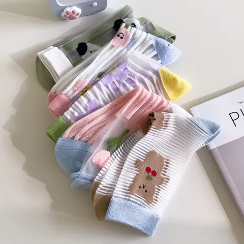 Women Sweet Japanese Style Crystal Silk Mid-Calf Socks Thin Breathable Summer Socks With Embroidered Floral Bear Tulip Pattern