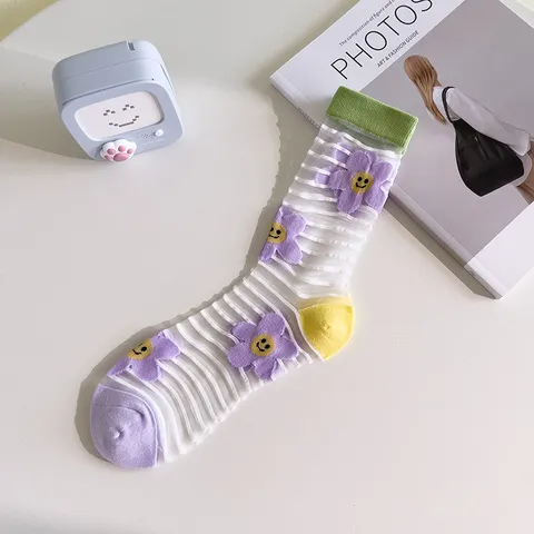 Women Sweet Japanese Style Crystal Silk Mid-Calf Socks Thin Breathable Summer Socks With Embroidered Floral Bear Tulip Pattern
