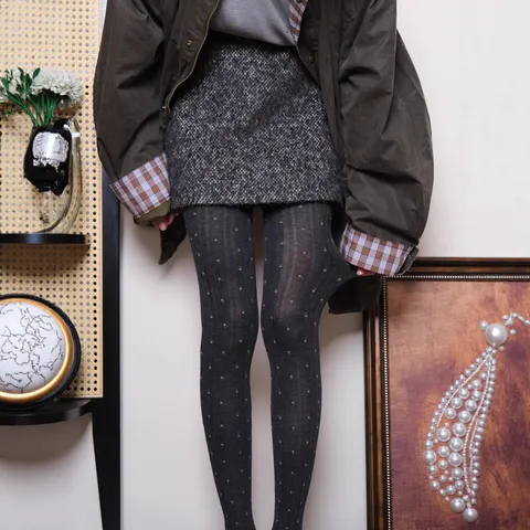Leggings con Pie para Mujer Estilo Japonés Invierno Gris Oscuro Lunares Flores Pequeñas Algodón Spandex Alta Elasticidad Cálido Cómodo