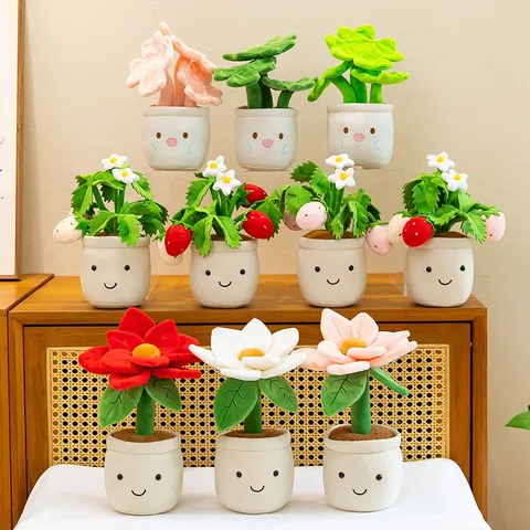 Cute Clover Poinsettia Strawberry Plant Potted Plush Toy Soft Stuffed Flower Doll Table Decor Birthday Gift For Girls Kids