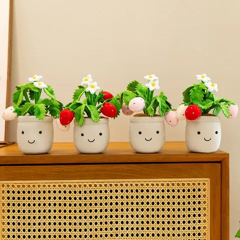 Cute Clover Poinsettia Strawberry Plant Potted Plush Toy Soft Stuffed Flower Doll Table Decor Birthday Gift For Girls Kids