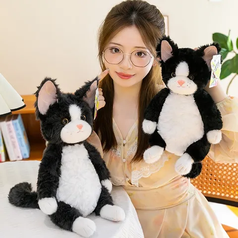 Cute Devon Rex Cat Plush Toy Realistic Black And White Stuffed Animal Soft Kitten Doll For Kids Birthday Gift Home Decor