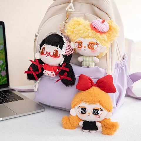 Cute Cartoon Big Head Girl Plush Keychain Soft Stuffed Embroidered Doll Bag Pendant Metal Key Ring For Backpack Decoration Trendy Gift
