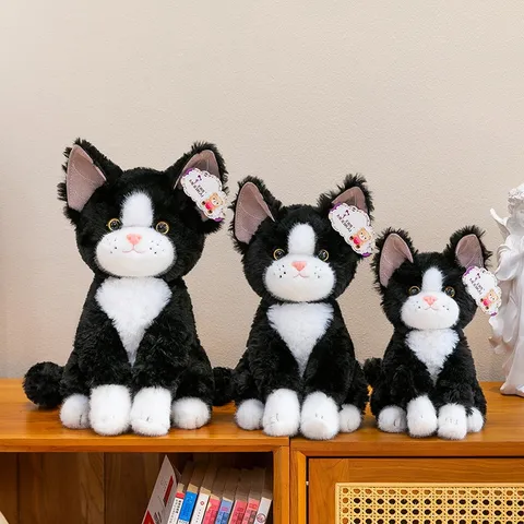 Realistic Black And White Cat Plush Toy Simulation Mackerel Cat Doll Children Sleeping Pillow Stuffed Animal Gift For Girls Women