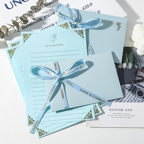Blue Rose Bronzing Letter Paper Envelope Set Romantic Wedding Valentine Stationery With Metallic Accessory Ribbon Bow
