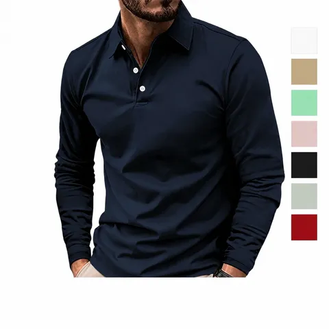 Ανδρική Μακρυμάνικη Μπλούζα Polo Casual Business Μονόχρωμη Μείγμα Βαμβακιού Πέτο Κουμπί Μόδα Urban Στυλ Sport Polo Top