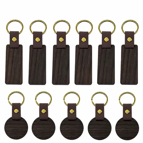 Porte-clés en Bois Minimaliste Avec Dragonne en Cuir Bois de Noyer et Hêtre Rectangulaire Rond Anneau en Métal Bronze pour Hommes Femmes Cadeau