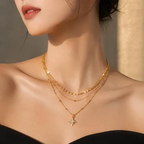 Stainless Steel Layered Necklace Star Pendant Rhinestone Gold Plated Bead Disc Chain For Women Chic