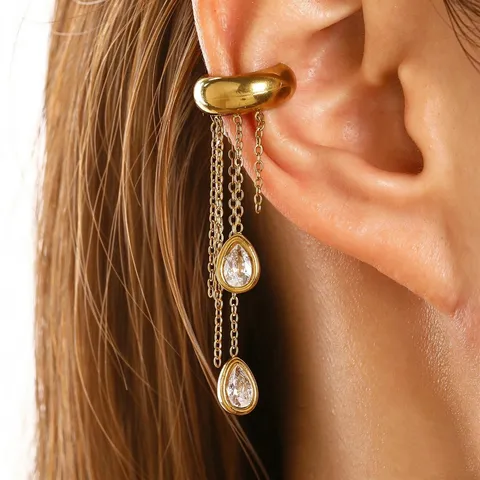 Edelstahl Quaste Ohrmanschette Ohne Piercing Ohrknochen Clip Geometrische C-Form Lange Kette Ohrringe Für Damen Schmuck