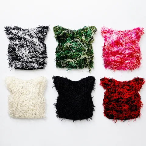 Women Cat Ear Shaggy Beanie Hat Distressed Fuzzy Knit Warm Winter Outdoor Streetwear Harajuku Punk Style Headwear
