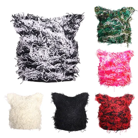 Women Cat Ear Shaggy Beanie Hat Distressed Fuzzy Knit Warm Winter Outdoor Streetwear Harajuku Punk Style Headwear