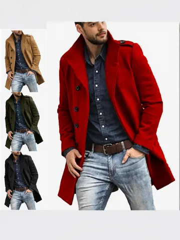 Men's Mid-Length Overcoat Polyester Woolen Look Jacket Single Breasted Stand Collar Casual Solid Color Winter Trench Top