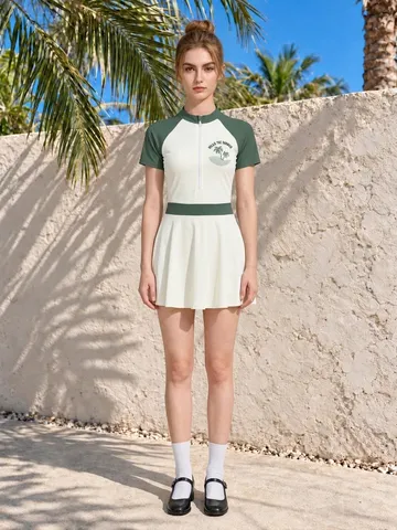 Girls Swimwear Short Sleeve Zipper Top And Shorts Skirt Style Dark Green Cream White Palm Tree Print Quick Dry Beach Swimsuit