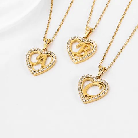 Heart Initial Necklace Stainless Steel Zirconia Inlay Hollow Letter Pendant Minimalist Jewelry For Women Men Gift
