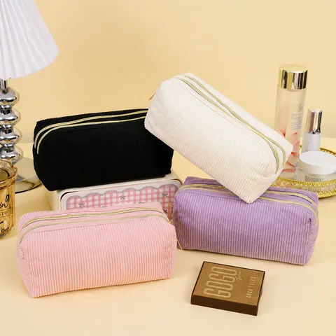 Minimalistische Corduroy Grote Capaciteit Kosmetetas Draagbare Make-up Pouch Schattige Etui Voor Vrouwen