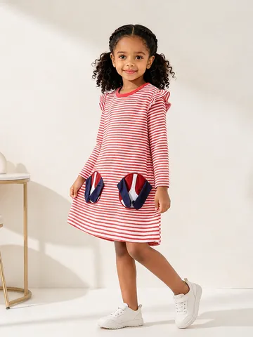 Mode Mädchen Gestreiftes Baumwollkleid Langarm Prinzessin Stil Rüschen Schulter Süßer Hunde-Patch Täglich Kinder Kleidung