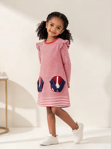 Mode Mädchen Gestreiftes Baumwollkleid Langarm Prinzessin Stil Rüschen Schulter Süßer Hunde-Patch Täglich Kinder Kleidung