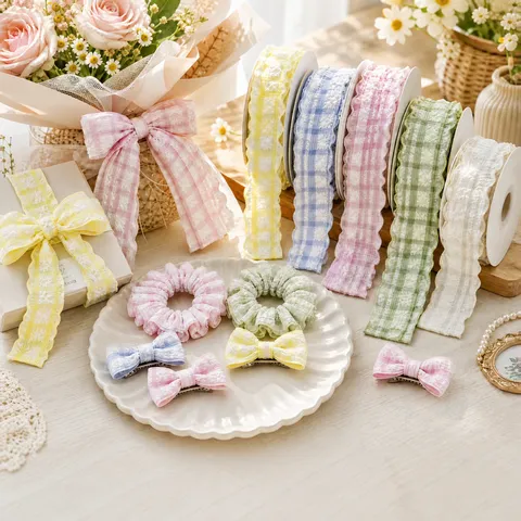 Estilo Coreano Arruga Puff Cuadros Rollo de Cinta Para Accesorios de Cabello Envoltura de Flores Embalaje de Regalo Decoración DIY