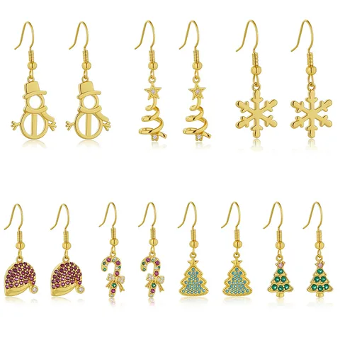 Boucles d'Oreilles en Cuivre Plaqué Or 18K Sapin de Noël Bonhomme de Neige Flocon de Neige Avec Tige en Argent Sterling 925 Zircon Bijoux pour Femmes