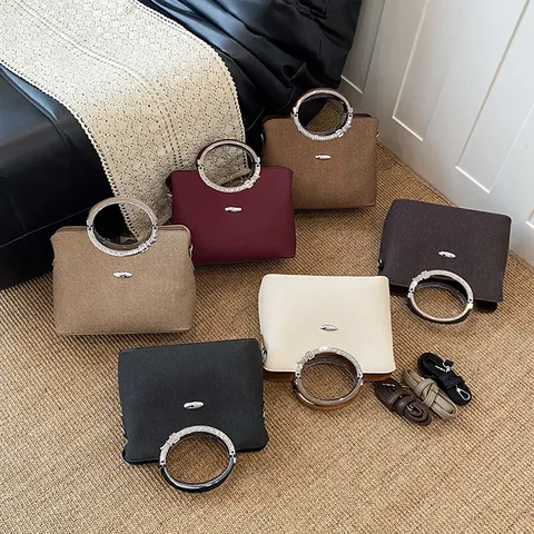 Luxury Women Bucket Bag PU Leather Herringbone Rhinestone Metal Ring Handle Fashion Large Capacity Shoulder Crossbody Bag