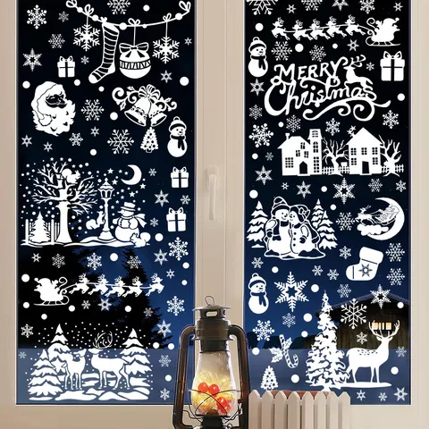 Christmas Window Stickers Static Cling Decals White PVC Snowflake Santa Claus Reindeer Snowman For Glass Door Decoration