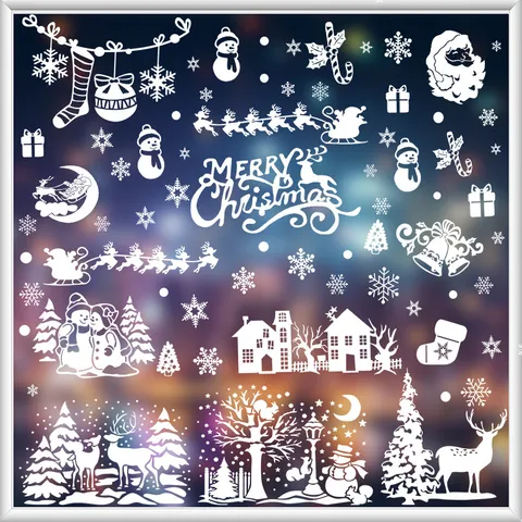 Christmas Window Stickers Static Cling Decals White PVC Snowflake Santa Claus Reindeer Snowman For Glass Door Decoration