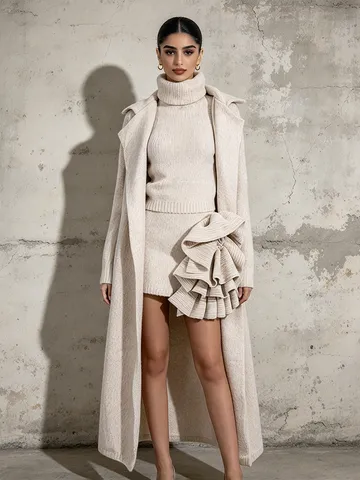 Women 3-Piece Knit Set Long Cardigan Sleeveless Turtleneck Sweater And 3D Flower Mini Skirt Elegant Solid Color Outfit