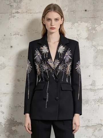 Women's Fashion Heavywork Sequin Blazer Fireworks Pattern V-Neck Double Breasted Suit Jacket Streetwear Party Outerwear