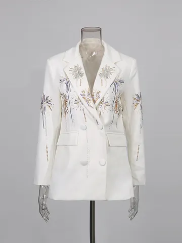 Women's Fashion Heavywork Sequin Blazer Fireworks Pattern V-Neck Double Breasted Suit Jacket Streetwear Party Outerwear