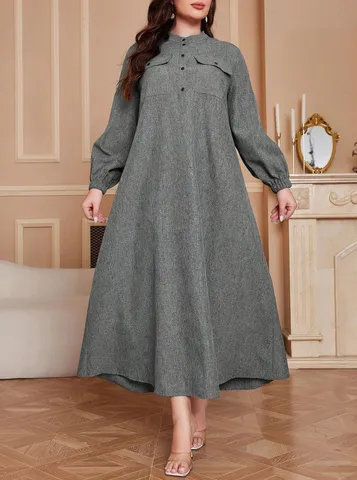 Damen Übergröße Maxi Kleid Polyester Langarm Abaya Robe Lose Passform Stehkragen Knopf Tasche Bescheiden Lässig Kleid