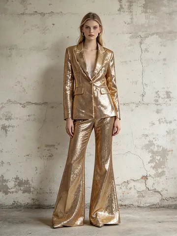 Women Gold Sequin Blazer And Flared Pants Top And Bottom Street Style Glamorous Long Sleeve Banquet Party Outfit
