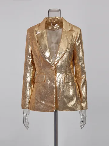 Women Gold Sequin Blazer And Flared Pants Top And Bottom Street Style Glamorous Long Sleeve Banquet Party Outfit